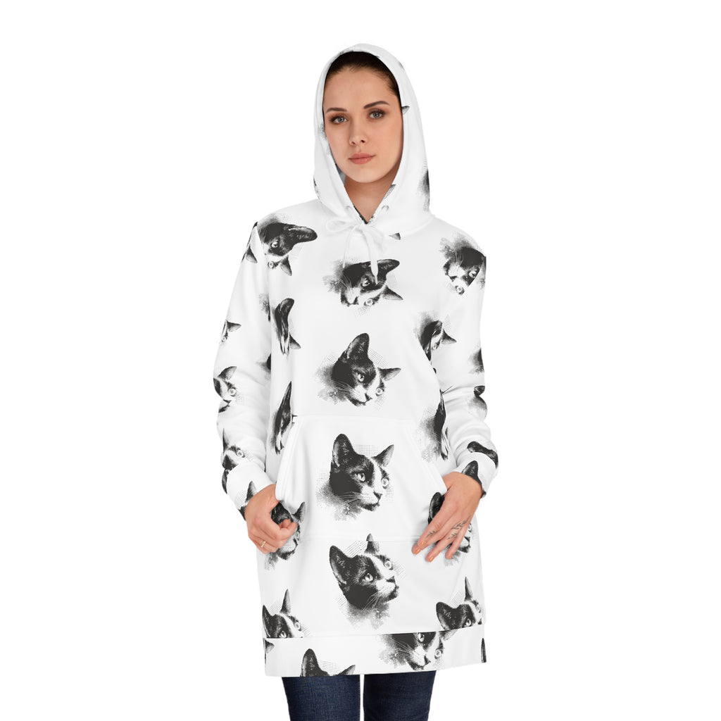 Black & White Halftone Cat Hoodie Dress — Allover Print Cozy Animal Sweatshirt Dress