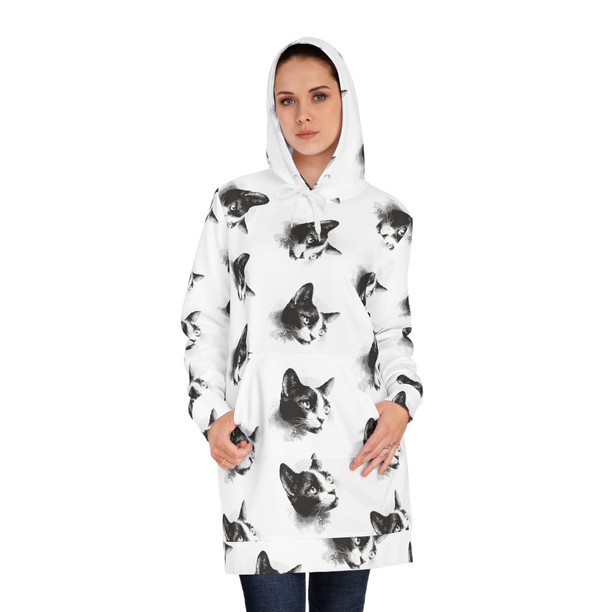 Black & White Halftone Cat Hoodie Dress — Allover Print Cozy Animal Sweatshirt Dress