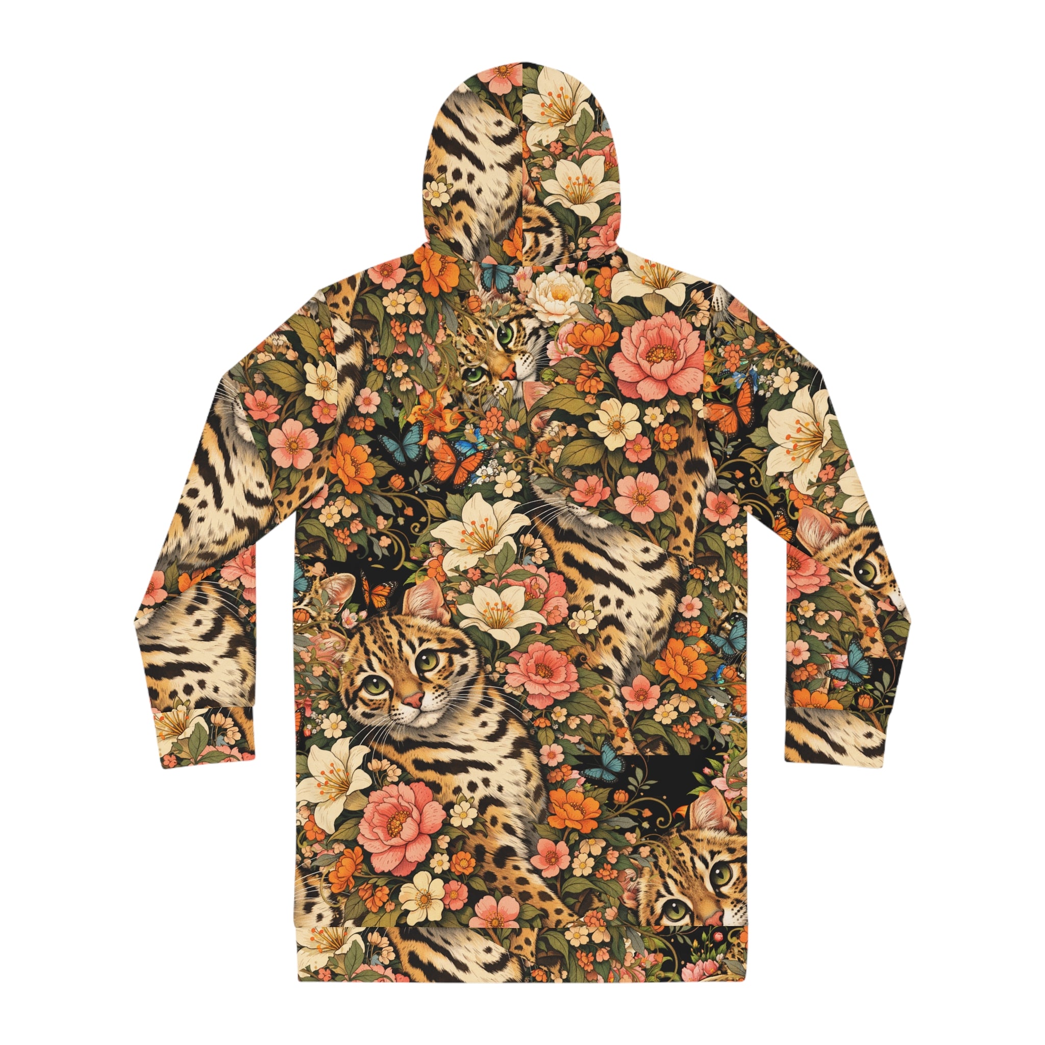 Floral Ocelot Leopard Hoodie Dress — Allover Print Cozy Animal & Flower Sweatshirt Dress