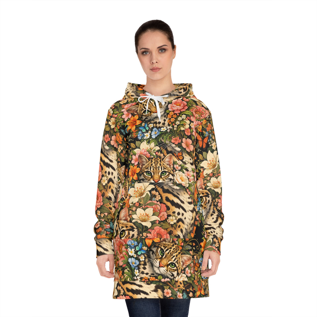 Floral Ocelot Leopard Hoodie Dress — Allover Print Cozy Animal & Flower Sweatshirt Dress