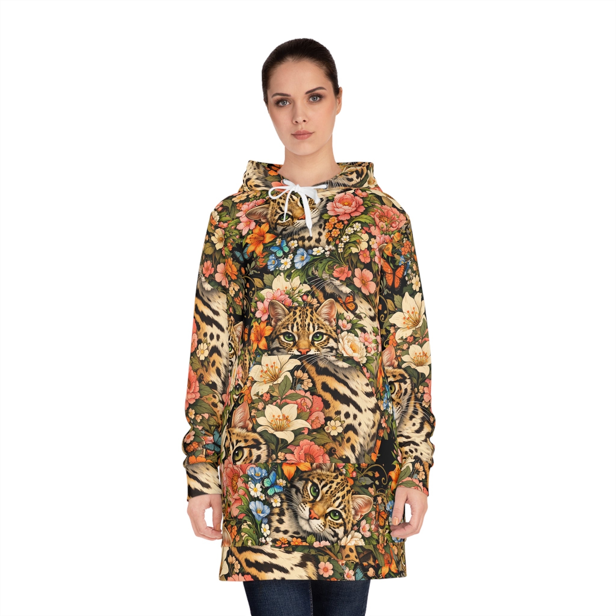 Floral Ocelot Leopard Hoodie Dress — Allover Print Cozy Animal & Flower Sweatshirt Dress
