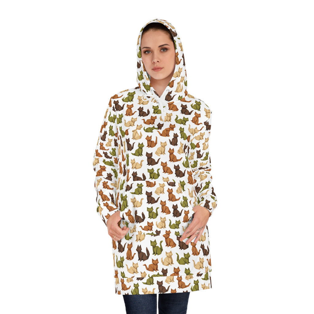 Earthy Origami Cat Hoodie Dress — Allover Print Cozy Sweatshirt Dress