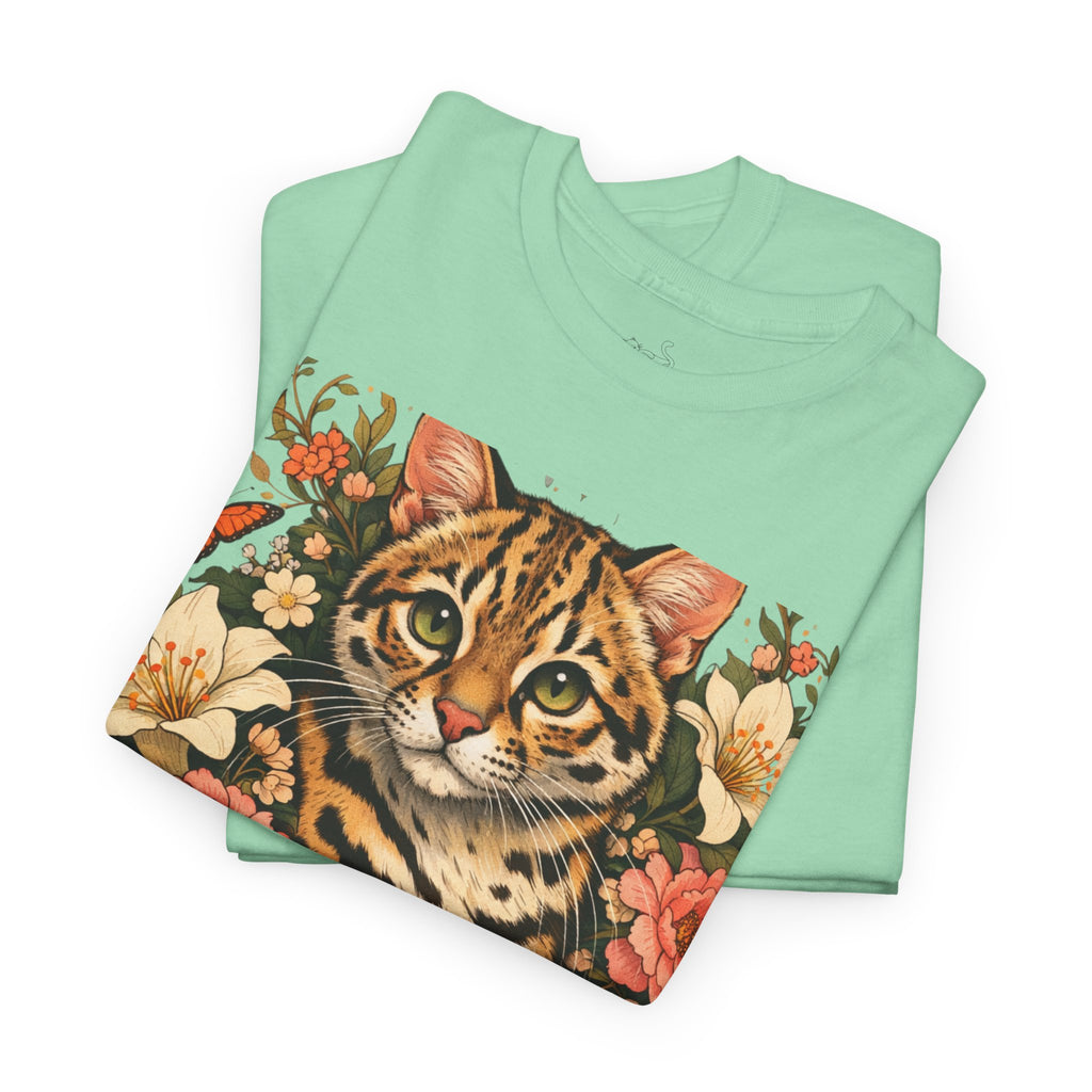 Mini Leopard Floral Cat T-Shirt — Cute Vibrant Graphic Tee for Cat Lovers