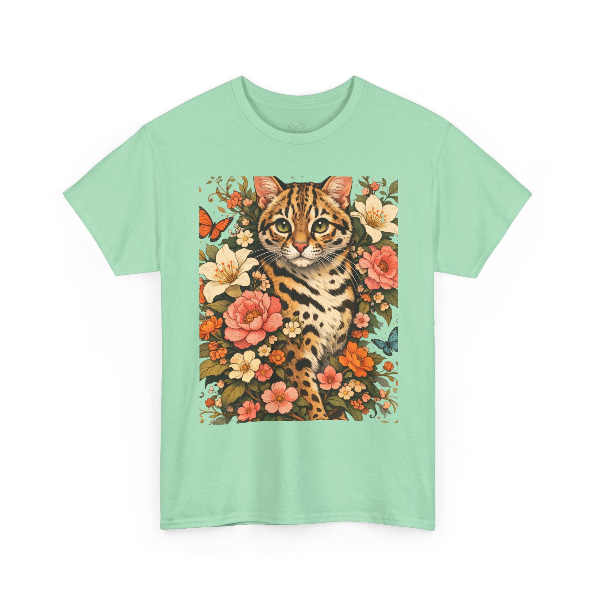 Mini Leopard Floral Cat T-Shirt — Cute Vibrant Graphic Tee for Cat Lovers