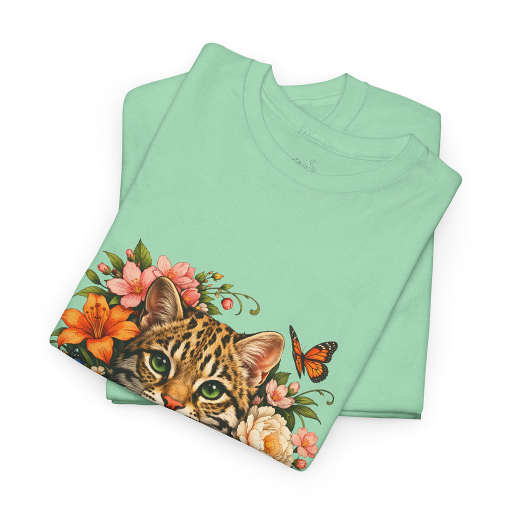 Mini Leopard Floral Cat T-Shirt — Cute Floral Graphic Tee for Cat Lovers
