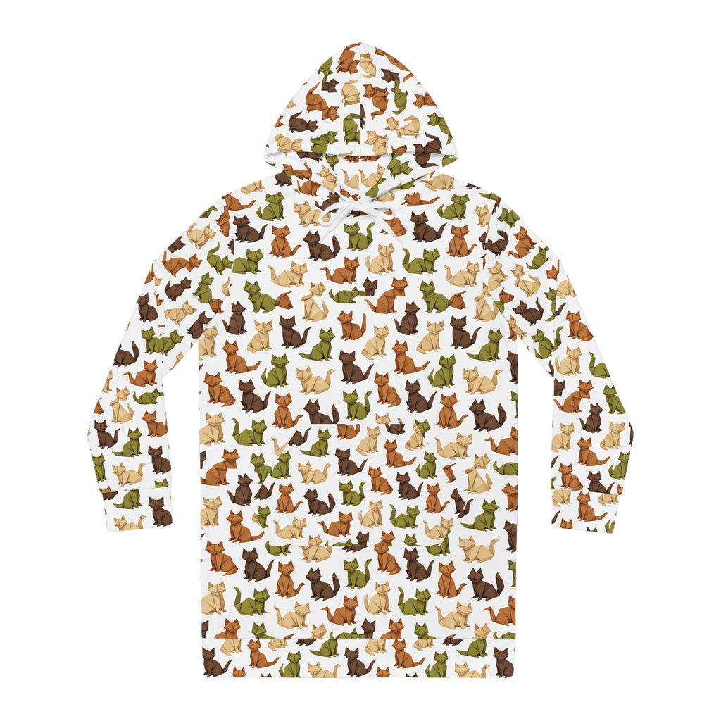 Earthy Origami Cat Hoodie Dress — Allover Print Cozy Sweatshirt Dress