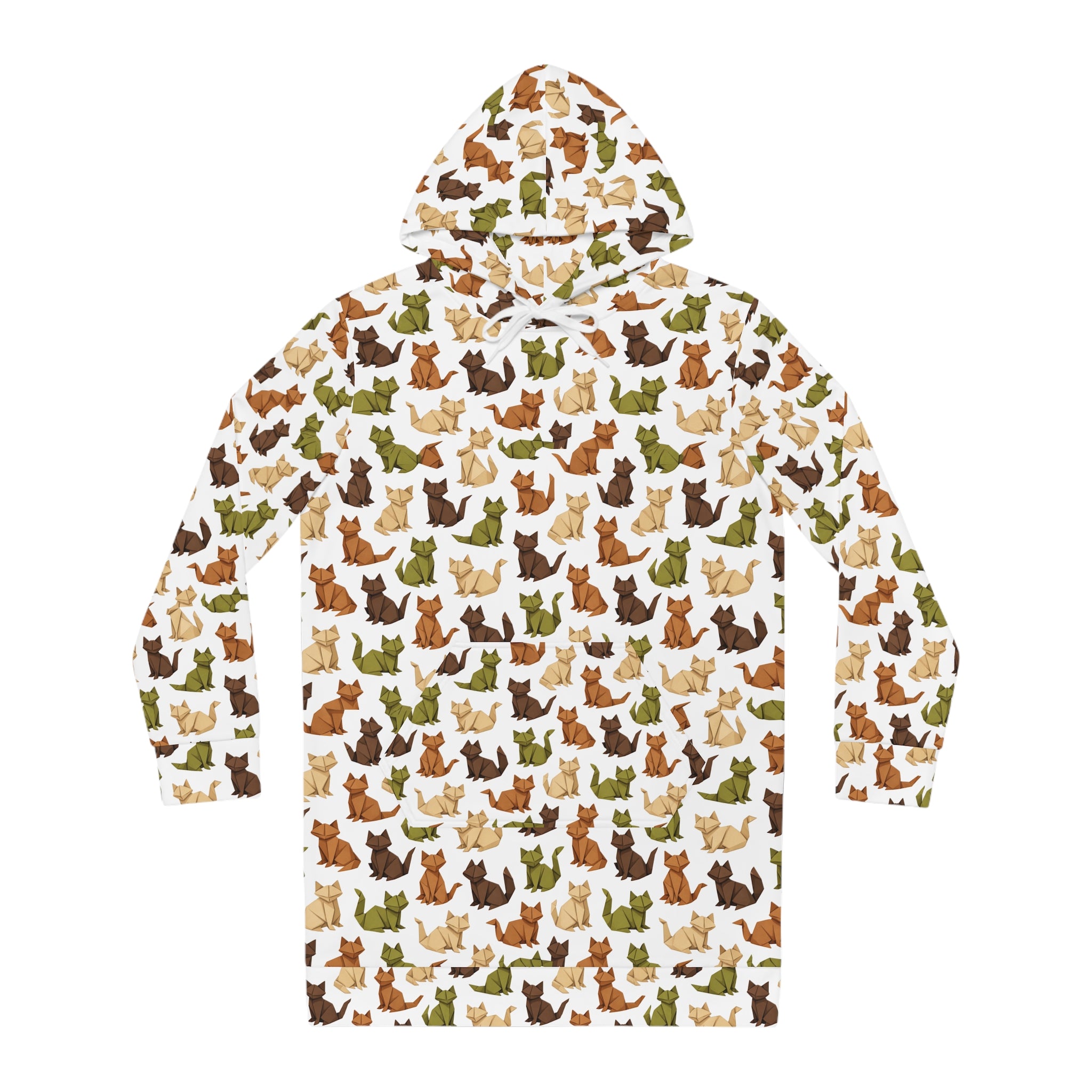 Earthy Origami Cat Hoodie Dress — Allover Print Cozy Sweatshirt Dress