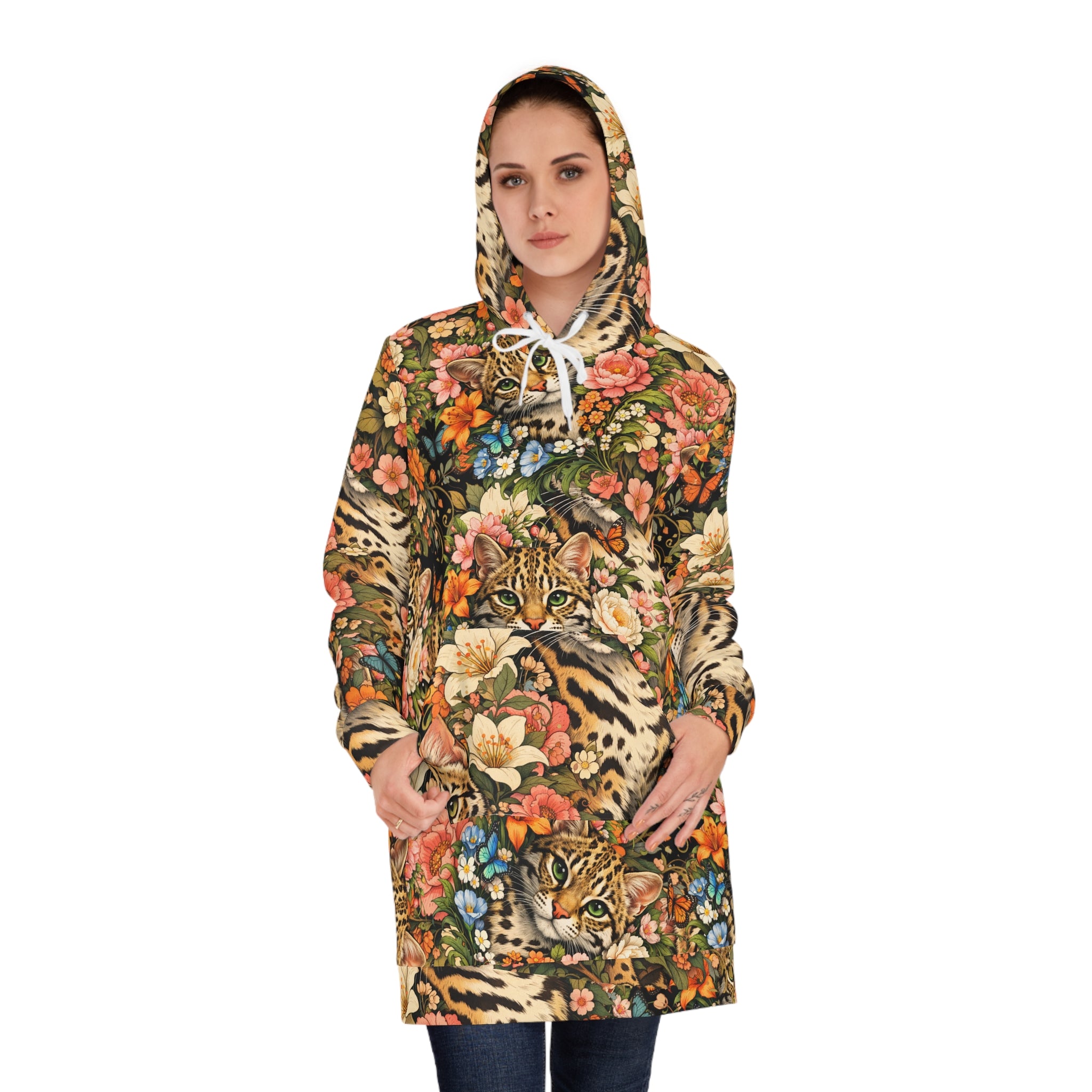 Floral Ocelot Leopard Hoodie Dress — Allover Print Cozy Animal & Flower Sweatshirt Dress