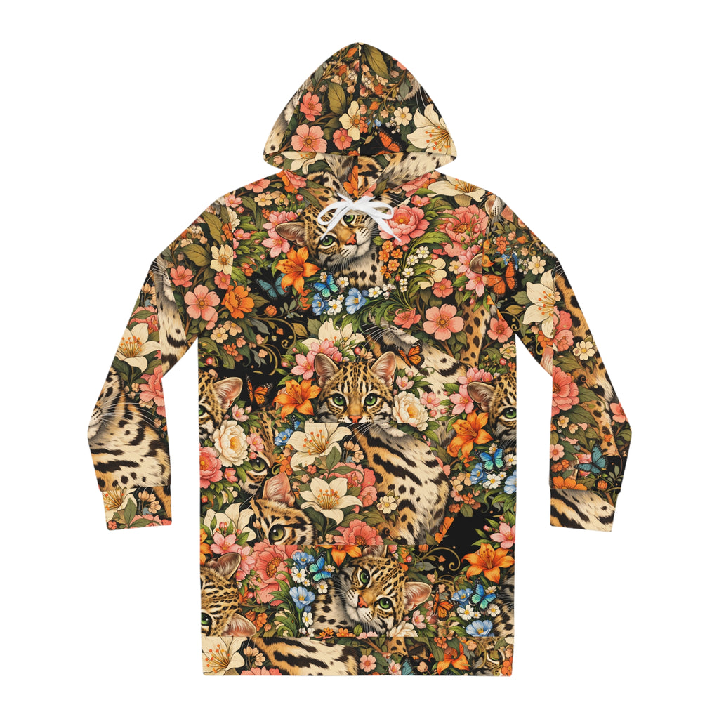 Floral Ocelot Leopard Hoodie Dress — Allover Print Cozy Animal & Flower Sweatshirt Dress