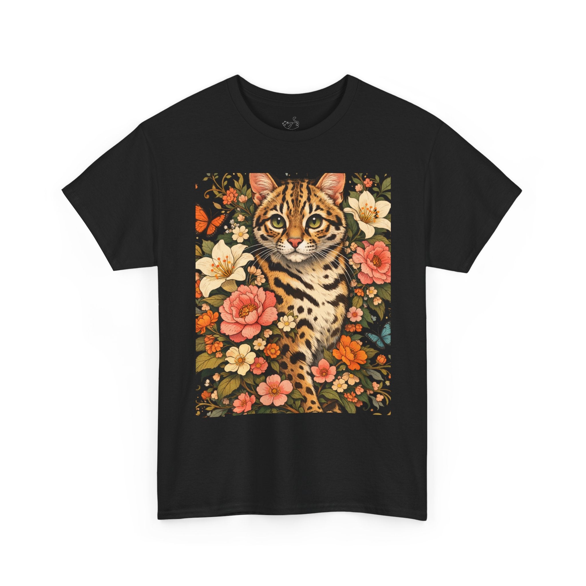 Mini Leopard Floral Cat T-Shirt — Cute Vibrant Graphic Tee for Cat Lovers