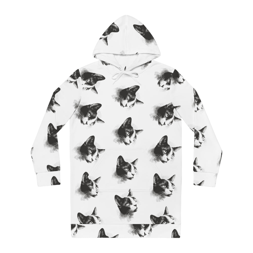 Black & White Halftone Cat Hoodie Dress — Allover Print Cozy Animal Sweatshirt Dress