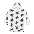 Black & White Halftone Cat Hoodie Dress — Allover Print Cozy Animal Sweatshirt Dress