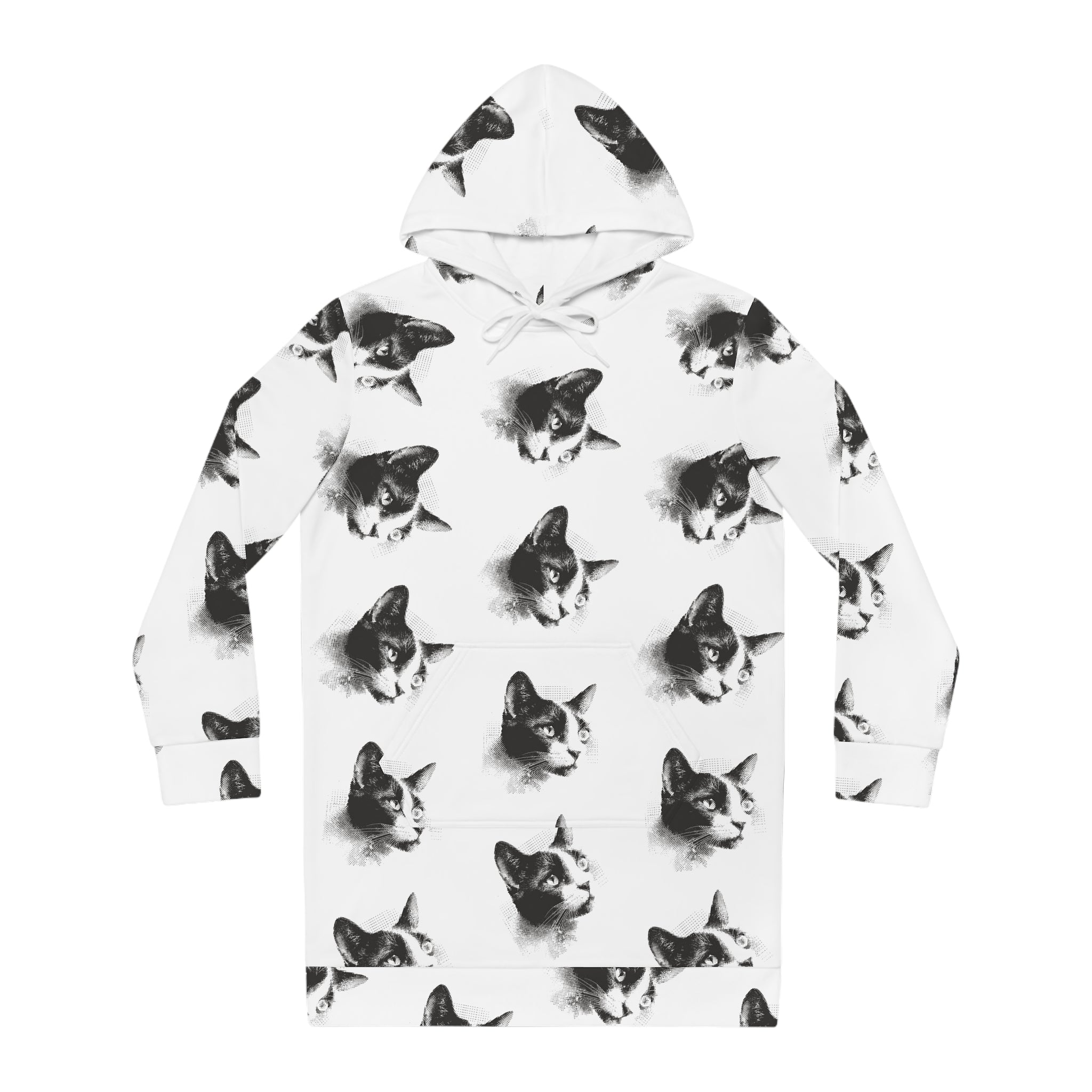 Black & White Halftone Cat Hoodie Dress — Allover Print Cozy Animal Sweatshirt Dress