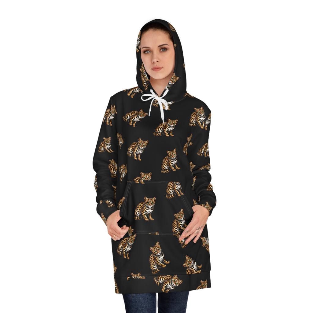Ocelot Leopard Hoodie Dress — Allover Print Cozy Animal Sweatshirt Dress