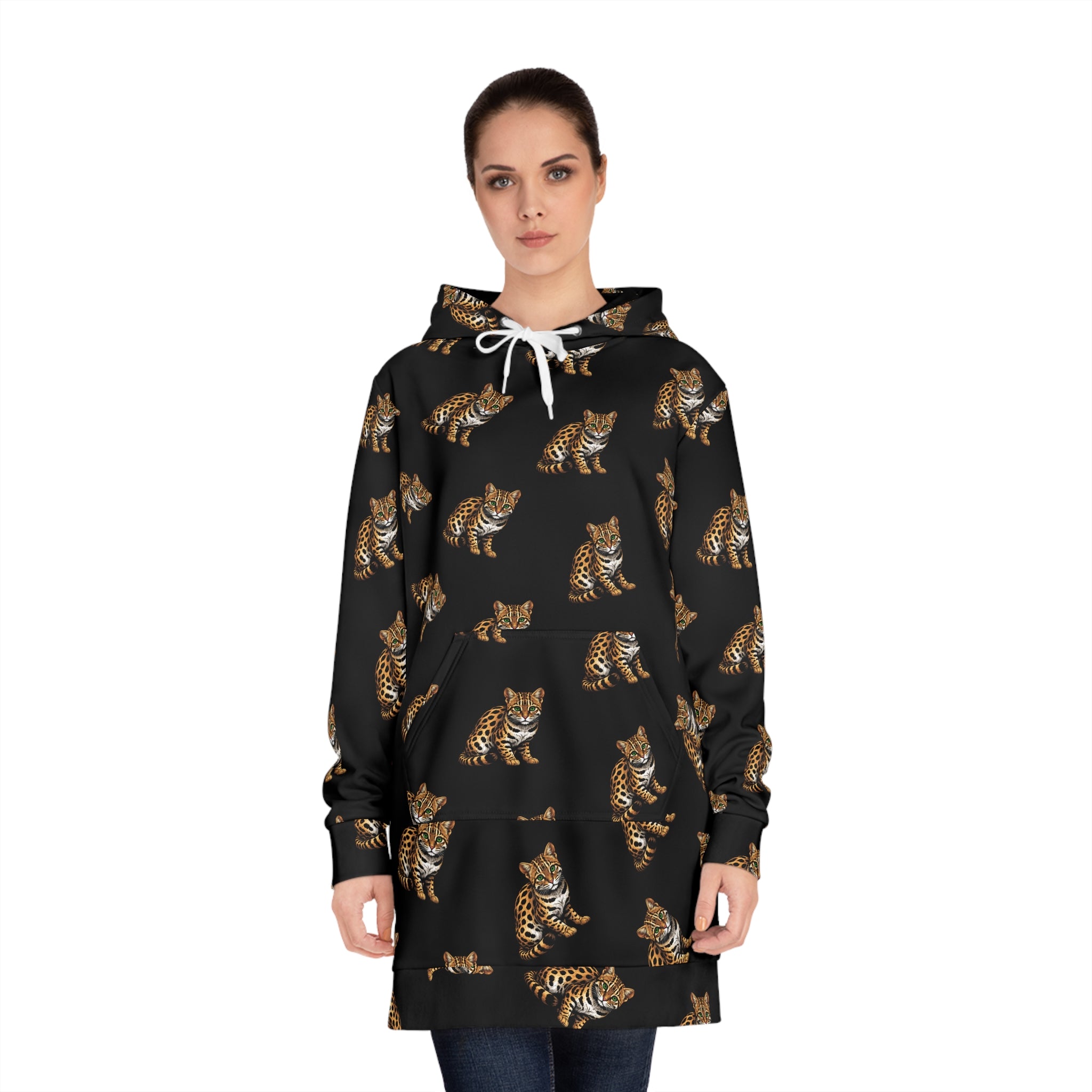 Ocelot Leopard Hoodie Dress — Allover Print Cozy Animal Sweatshirt Dress