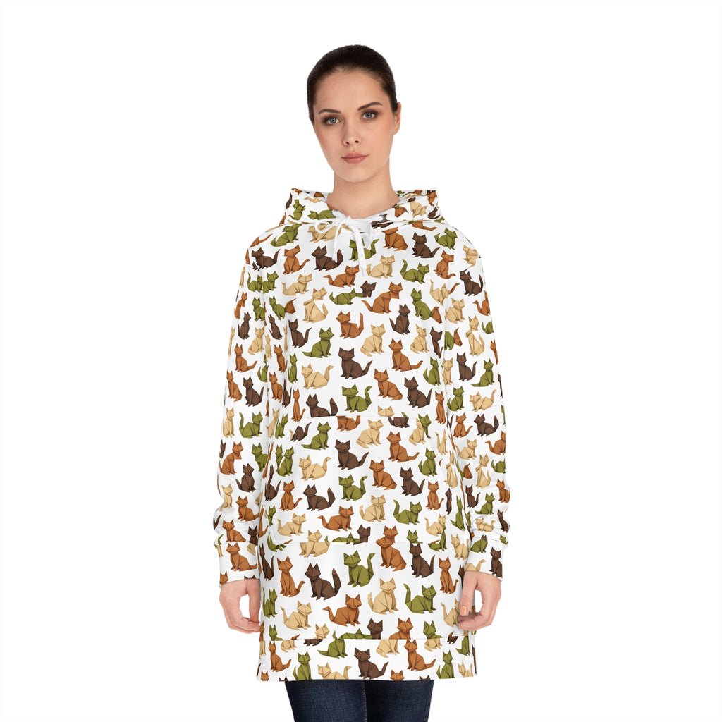 Earthy Origami Cat Hoodie Dress — Allover Print Cozy Sweatshirt Dress