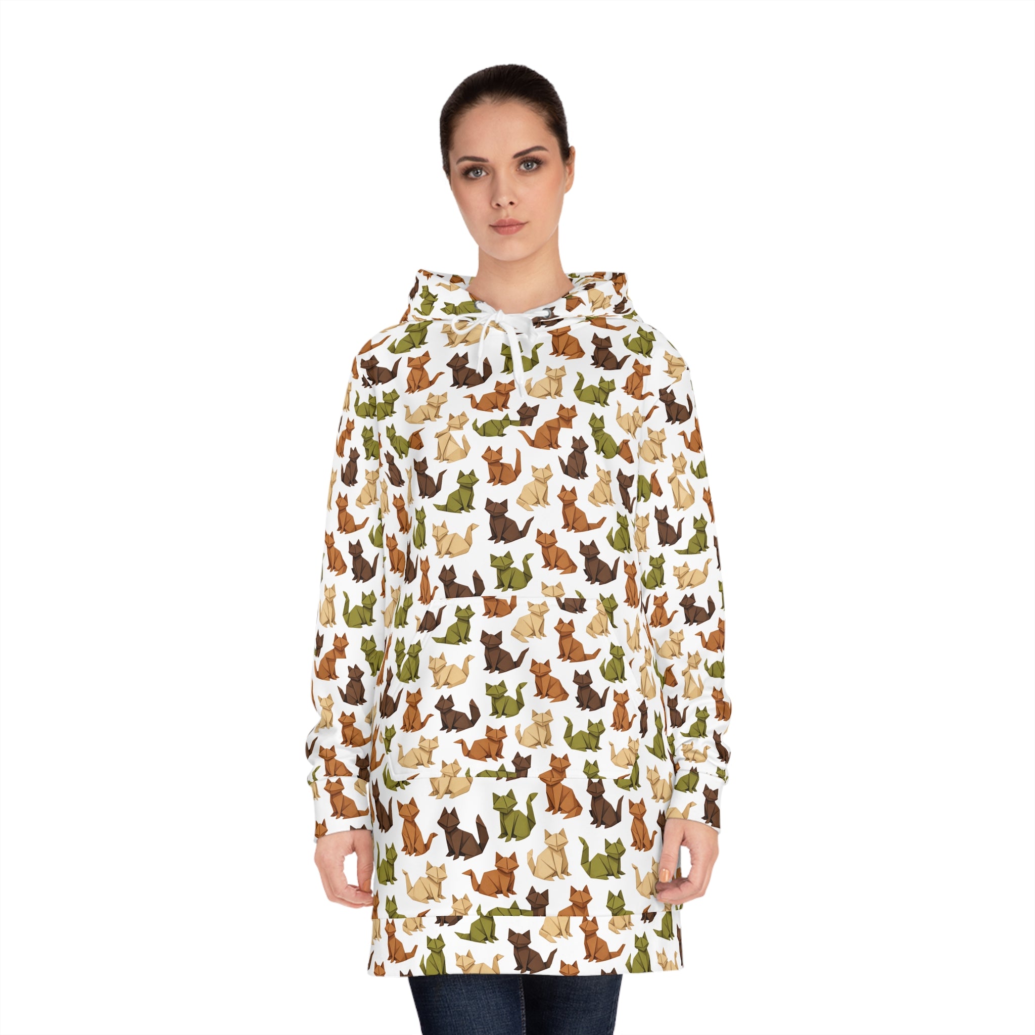 Earthy Origami Cat Hoodie Dress — Allover Print Cozy Sweatshirt Dress