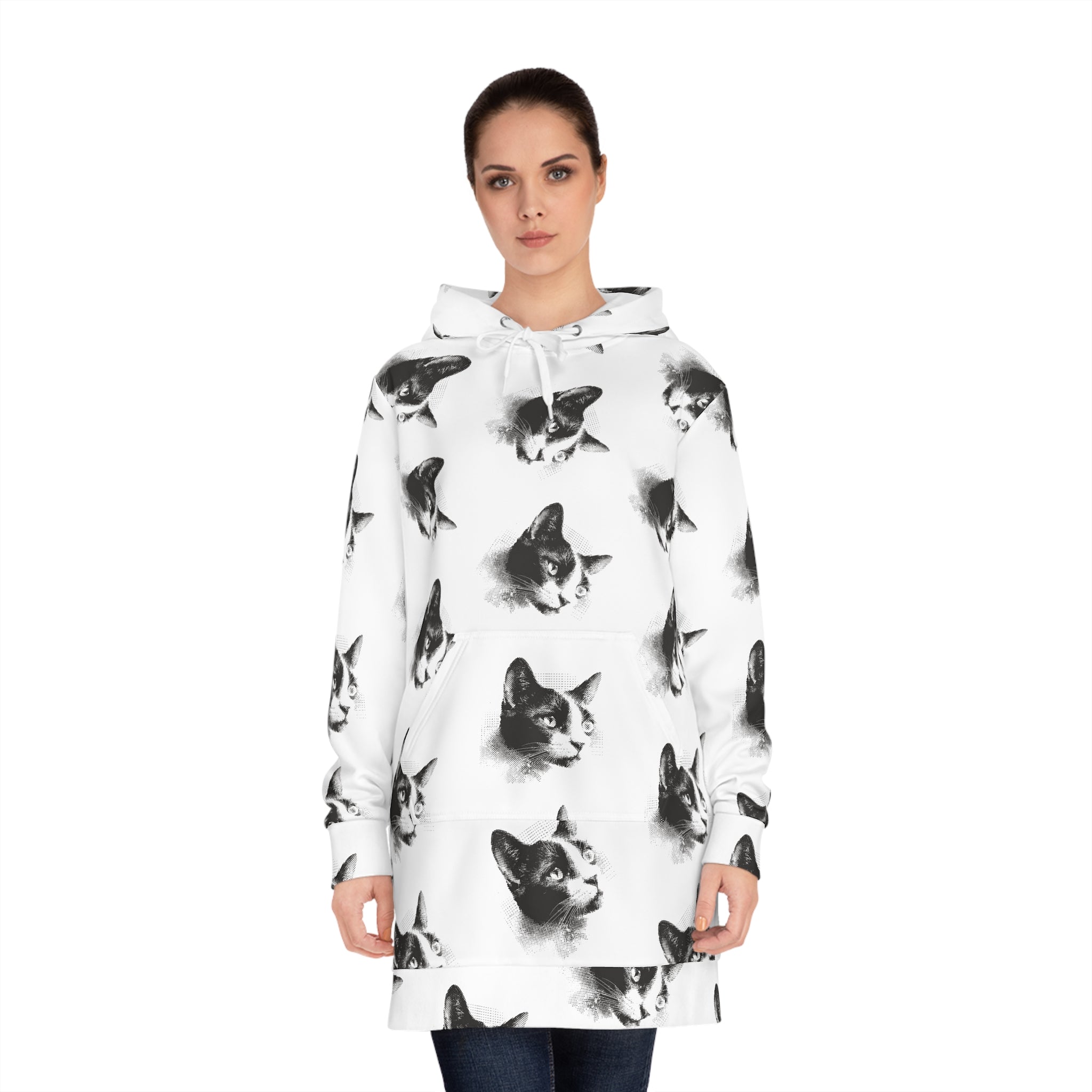 Black & White Halftone Cat Hoodie Dress — Allover Print Cozy Animal Sweatshirt Dress