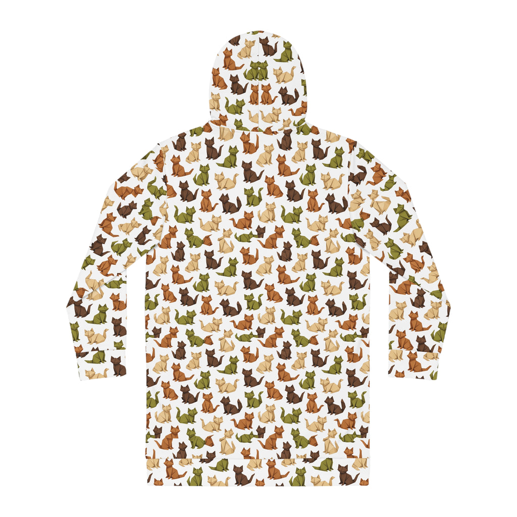 Earthy Origami Cat Hoodie Dress — Allover Print Cozy Sweatshirt Dress