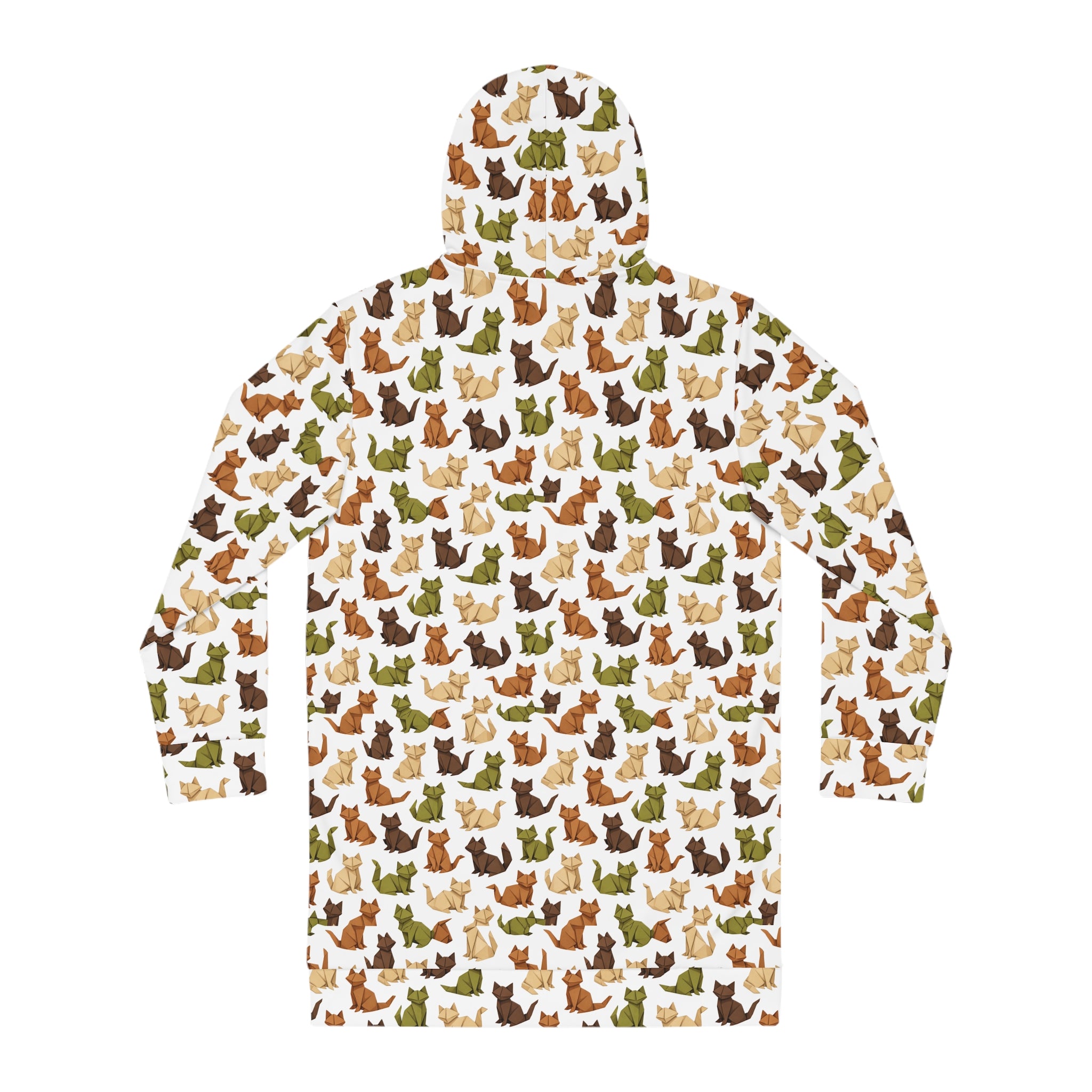 Earthy Origami Cat Hoodie Dress — Allover Print Cozy Sweatshirt Dress
