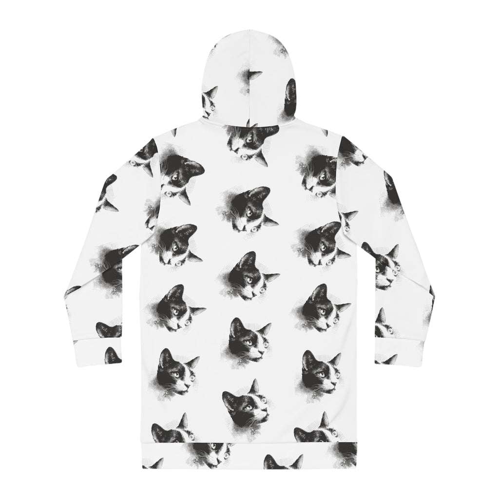 Black & White Halftone Cat Hoodie Dress — Allover Print Cozy Animal Sweatshirt Dress