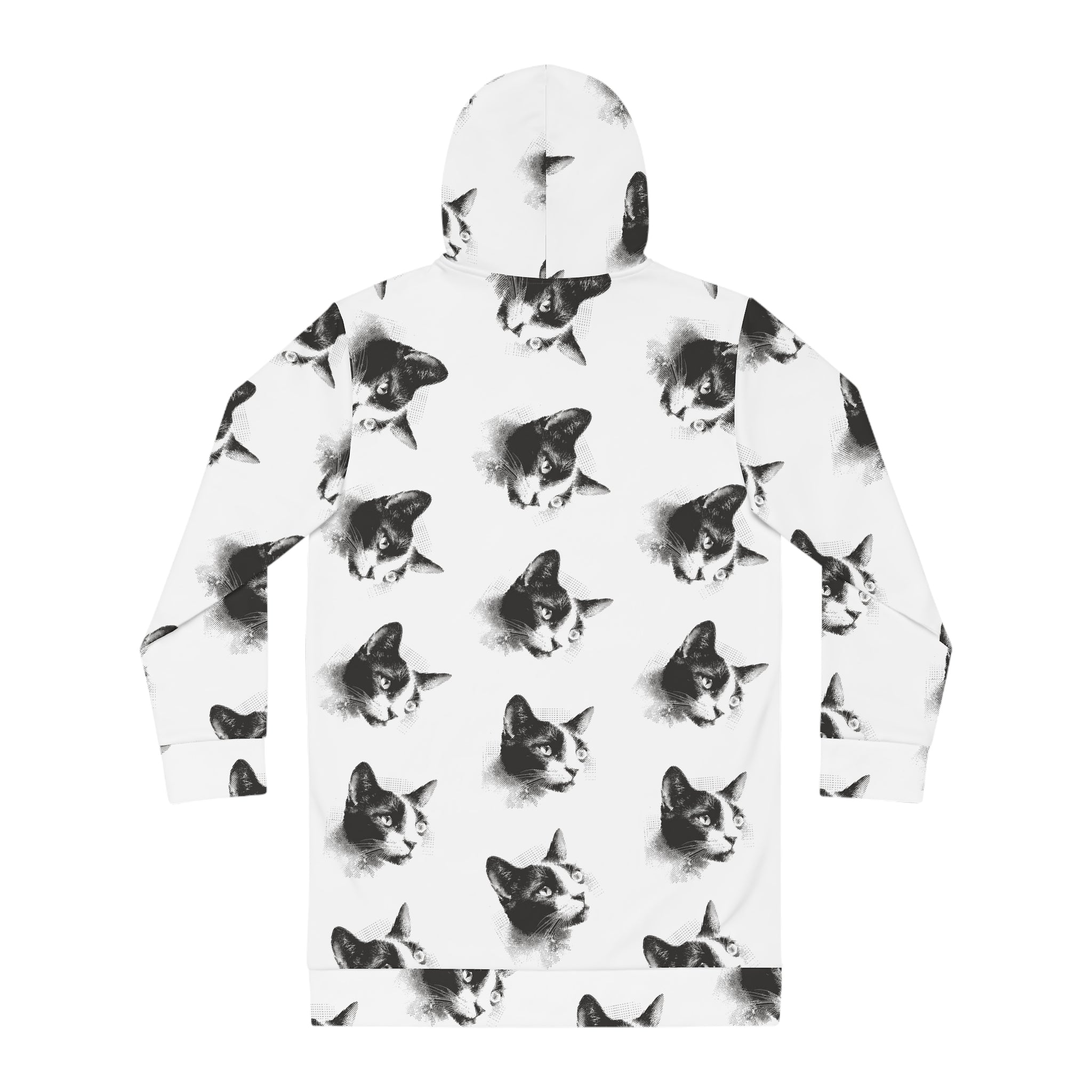 Black & White Halftone Cat Hoodie Dress — Allover Print Cozy Animal Sweatshirt Dress