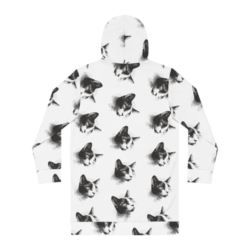 Black & White Halftone Cat Hoodie Dress — Allover Print Cozy Animal Sweatshirt Dress