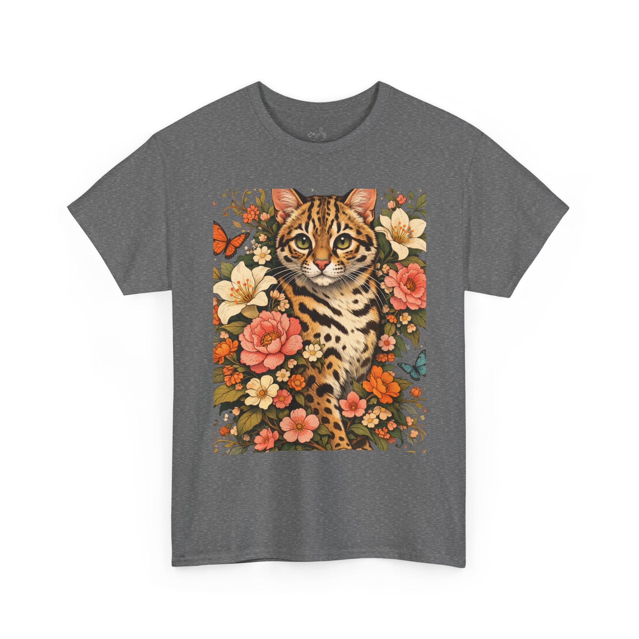 Mini Leopard Floral Cat T-Shirt — Cute Vibrant Graphic Tee for Cat Lovers